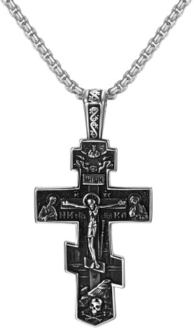 OIDEA Collana Croce Uomo Acciaio: Ciondolo Crocifisso della Chiesa Ortodossa Vintage Gesù Cristo - Regalo per Battesimo Preghiera Natale Uomo Donna Pasqua Argento