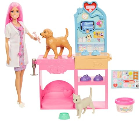 Barbie Clínica veterinaria Conjunto con muñeca de pelo rosa, muebles de consulta veterinaria y más de 10 accesorios incluyendo moldes y masa para escayolas, JFX93