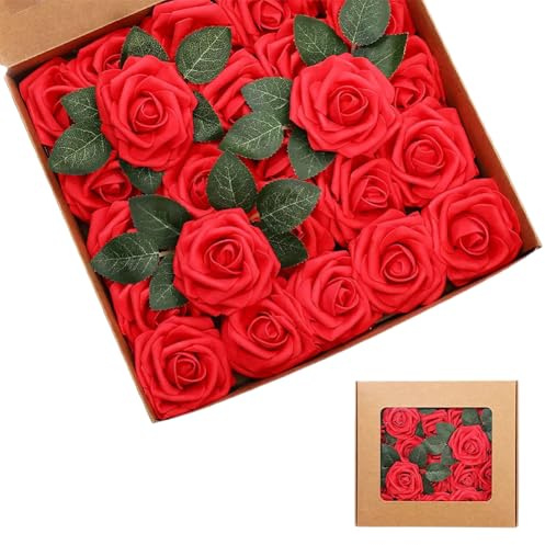 FOGARI Rose artificiali, rose finte, rose in schiuma, con gambo, fiori artificiali, per decorazioni di compleanno, matrimoni, decorazioni per feste (30 pezzi, rosso)