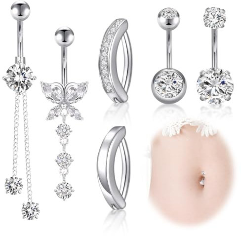 kodivenj 6 Stk Bauchnabelpiercing,Baumelnd Bauchnabel Banane Barbell 10mm Chirurgenstahl baumelnden Bauchnabel Ringe Silber Schmetterling Nabel Piercing Schmuck für Frauen
