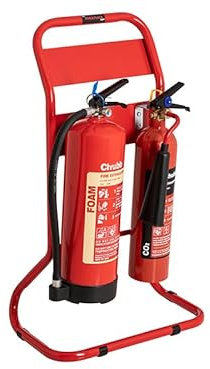 The Workplace Depot Twin Fire Extinguisher Stand – Holds 2 Extinguishers (2‑9kg), Chrome or Red Powder-Coated Tubular Steel Frame, Tool-Free Assembly – Office, Warehouse & Showroom Safety (Red)
