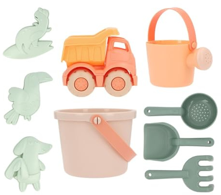 Monnëka Set de Jouets de Plage | Jouets de Sable Écoresponsables et Sûrs dès 6 Mois | Kit avec Seau, Pelles, Râteau, Arrosoir et Camion | Facile à Transporter pour Plage | Pearl