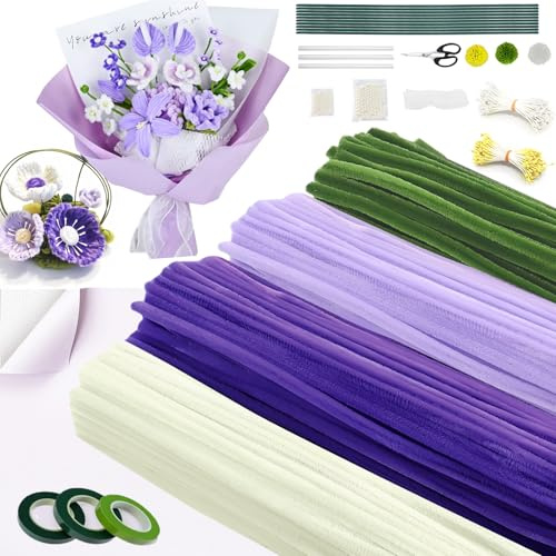 Limpiapipas Manualidades,400 Piezas Limpia Pipas para Manualidades Suave y Esponjoso,Alambre de Chenilla con 20 Tallos,Papel de Regalo,Cinta,Estambres,para regalo del Día de la Madre（Púrpura）