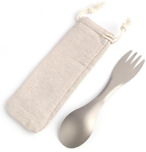 Vidsmow Titan Löffel/Spork, Multifunktionales 2-in-1 Campingbesteck aus Titan, Ultraleicht und wiederverwendbar, mit Aufbewahrungstasche für Wandern, Picknick und Outdoor-Aktivitäten
