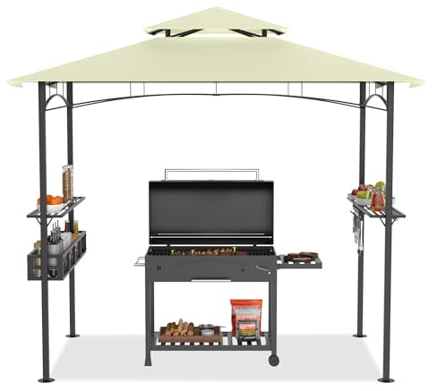 HENGMEI Tonnelle pour barbecue, 2,45 x 1,53 m, avec étagères et paniers de rangement, pour fête, stand de marché, pique-nique (beige)