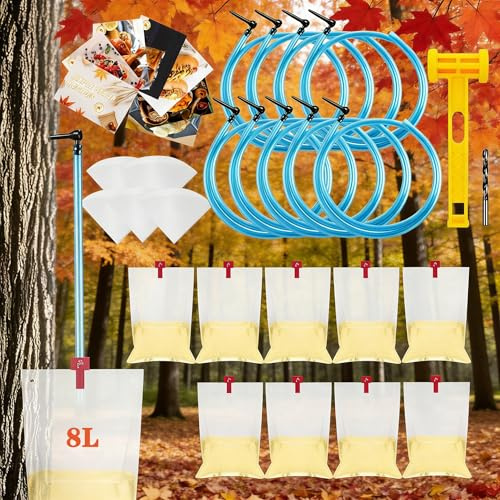 Maple Syrup Tree Tapping Kit with 8L Bags, 10 Maple Sap Taps, 10 Food Grade 3ft Tubing, 10 Bags, 5 Syrup Filters, Maple Birch Walnut Sugaring Starter Supplies Collection Gift for Experts or Beginners