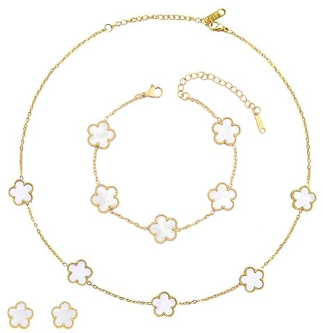 ZHITENG Fem blad klöverarmband, justerbart fembladigt klöverarmband, blommönster, halsband, 3-delat set, lämplig som present till flickvän, brud, mamma, dotter, Taille unique, Rostfritt stål, Ej