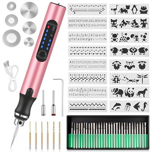 La herramienta eléctrica de grabado se puede grabar en metal, vidrio, cerámica, madera, kit de herramientas de grabado con 16 plantillas adecuadas para creación de bricolaje, manualidades, accesorios