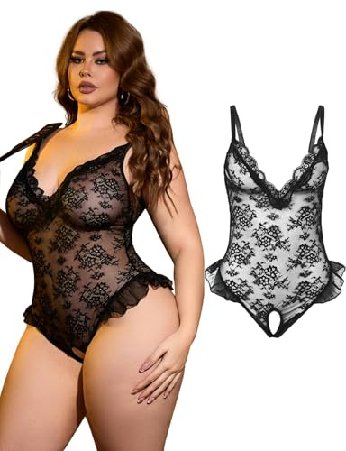 comeondear Lenceria Sexy Mujer Abierta Conjunto Lenceria de Encaje Abierto Body Lencero Escote en V Profundo Ropa Interior Sin Entrepierna Talla Grande Lingerie Feminina Sin Espalda Fiesta Negro,XXL