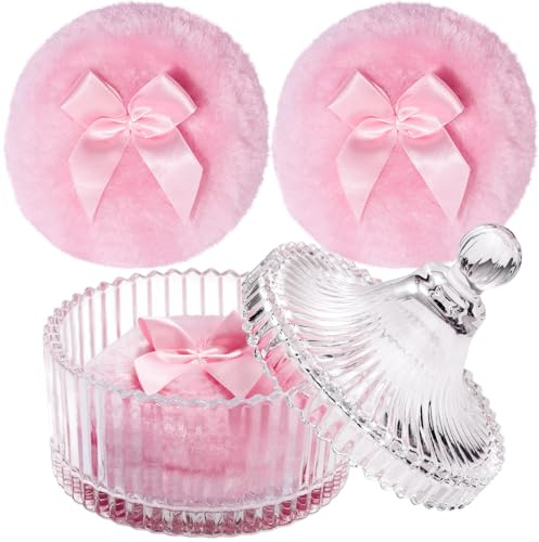 Bafutayawa Powder Puff, juego de borlas con tarro de vidrio, 4 piezas de borlas de terciopelo suaves para rostro y cuerpo, color rosa