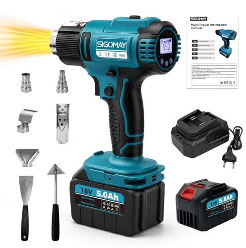 Décapeur Thermique sans Fil 18V avec Batterie 5.0Ah 6 Vitesses 50-550°C | Écran LCD Précis(±5°C/Réglage Rapide), Pistolet Air Chaud Compatible avec Makita LXT, Kit Complet avec 7 Accessoires
