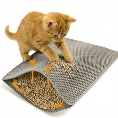 HERKINDNESS Alfombra Gatos Arenero, 45 x 60 cm Tapete para Caja de Arena Impermeable, Doble Capa Alfombrilla Arenero Gato, Gris Tapete para Arena, para Controlar la Arenas para Gatos