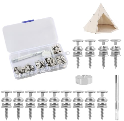 62 PCS Botones De Presión Metálicos Con Tornillos De Acero Inoxidable,Herramientas De Fijación Incluidas,Botones De Metal Para Lonas,Kit De Botones Para Cuero,Reparación De Ropa Y Muebles