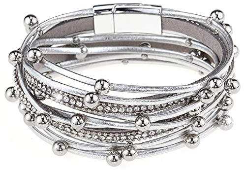 Gleamart Multi-Layer Leather Bracelet Beads Wrap Cuff Bangle for Women Girls Silver