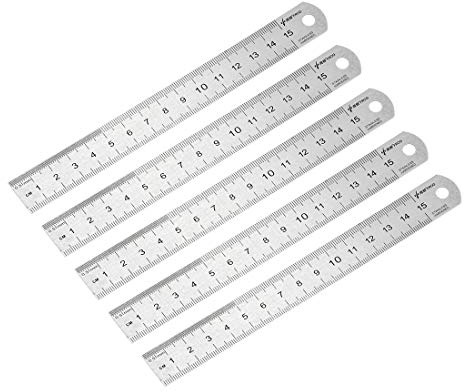 sourcing map Recta Regla 15cm 6 Pulgadas Métrico Acero Inoxidable Medición Herramienta con Colgante Orificio 5uds