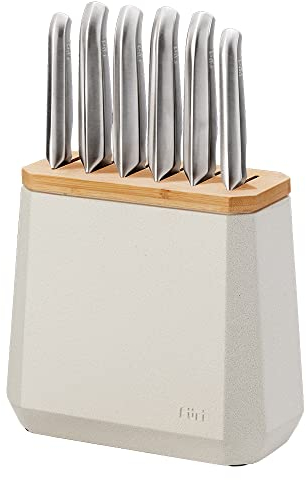 Furi Pro Stone Block Set Snow Terrazzo, 7 pcs Set incl. Snow Terrazzo Knife Block and 6 Essential Knives - East/West Santoku 13cm and 17cm, Cook's 20cm, Bread 20cm, Utility 15cm, Asian Utility 12cm