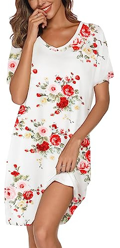 Kabento Nightgowns for Women Cotton Sleep Shirts Short Sleeve Sleepwear, Floral White, Large