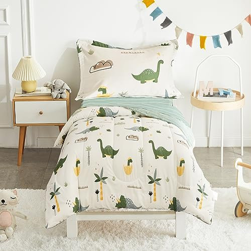 Joyreap Juego de ropa de cama de dinosaurio de 4 piezas, edredón 100% algodón para niños y niñas, estampado de dinosaurios verdes en blanco, incluye edredón acolchado, sábana bajera, sábana superior,