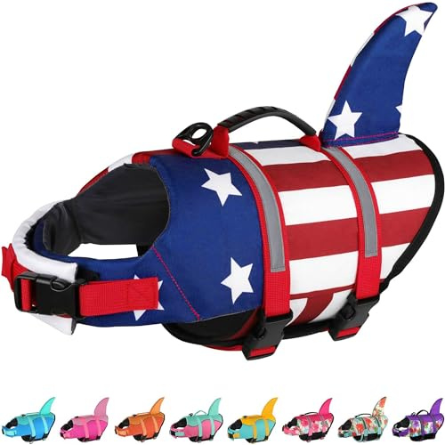 Dogcheer Dog Life Jacket Shark, American Flag Dog Life Vest with Reflective Stripes & Rescue Handle, Adjustable High Buoyancy Puppy Swim Float Vest for Small Medium Large Dogs - USA Flag, L