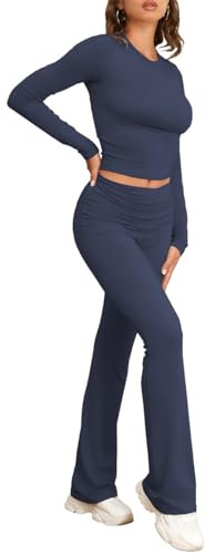 Famulily Long Sleeve Crop Top and Low Rise Flare Pants Set Lounge Sets Yoga Tracksuit Set for Women Navy M