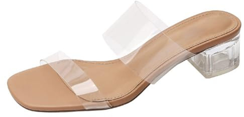 Minetom Sandalen Damen Transparent Offene Sandaletten Elegant Bequem Pantoletten Hausschuhe Peep Toe Schuhe Sommersandalen mit Blockabsatz C Khaki 4cm 38 EU