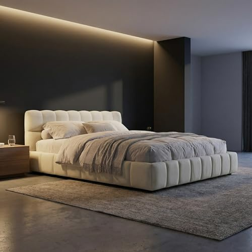 Lit Bubble 160x200 cm, avec sommier à Lattes et Dossier, lit Double rembourré, avec Bordure rembourrée, Cadre de lit pour Adolescent, Lin, Beige, sans Matelas