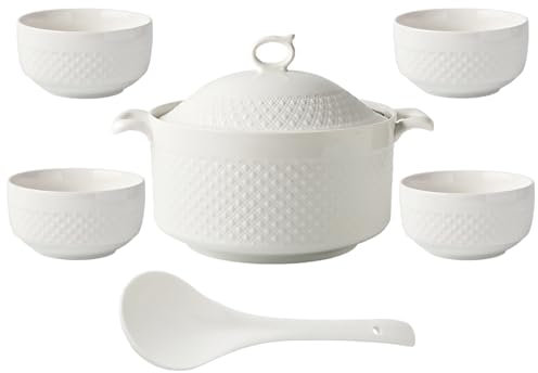 NNYCC Soup Tureen with Bowls,Porcelain Soup Serving Bowl with Lid and Ladle White Tableware Set for Home Kitchen Restaurant,2.4L+4