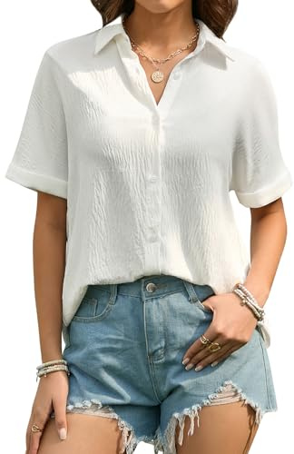 Stamain blus damer kortärmad muslinskjorta blus damer sommar ledig blus skjorta enfärgad elegant V-ringad kortärmad blus, Vit, M