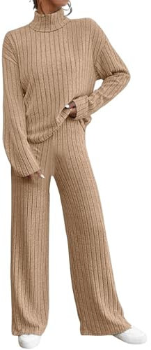KBOPLEMQ Ropa de punto para mujer, cuello alto, jersey, pantalones de dos piezas, conjunto de 2 piezas, conjuntos de salón, traje de ocio, chándal, sudadera, suéter de punto y pantalones anchos, traje