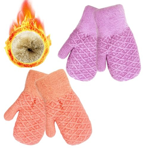 lifwimner 2 Pairs Kids Winter Mittens, Warm Thermal Thick Fleece Knitted Snow Gloves for Girls Boys 3-7 Years, Full Finger Gloves for Cold Weather (Purple+Pink)