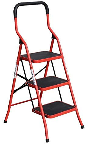 Escalera plegable de metal de 3 escalones para uso doméstico, diseño compacto amarillo y rojo, taburete portátil para interiores, taburete ligero que ahorra espacio.