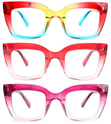 KoKoBin 3 confezioni di oversized occhiali da lettura quadrati da donna, anti luce blu con cerniere a molla occhiali (Arcobaleno, rosso, viola, 1.5, Diottria)