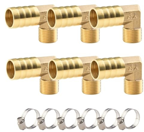 ANGEEK 6 stycken 3/8 tum yttre gänga vinkel 90° mässing slanganslutning, PT 3/8 tum x 16 mm koppling, slanganslutning, kontakt adapter, slangadapter med 6 stycken slangklämma