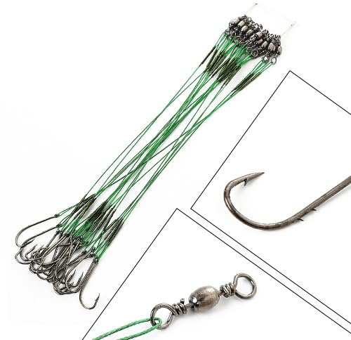 Lot de 20 hameçons de pêche avec bas de ligne en acier - 20 cm - Vert - Crochets de pêche en acier au carbone - Résistants à la corrosion - Pour eau douce et eau salée