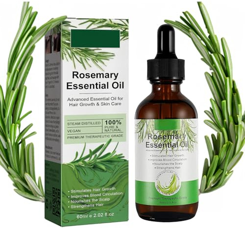 Aceite de Romero Para el Cabello, Aceite de Romero Para Mujeres y Hombres, Orgánic Rosemary Oil de La Piel, Cejas, Pestañas, Nutre el Cuero Cabelludo y Estimula el Crecimiento del Cabello (60ML)