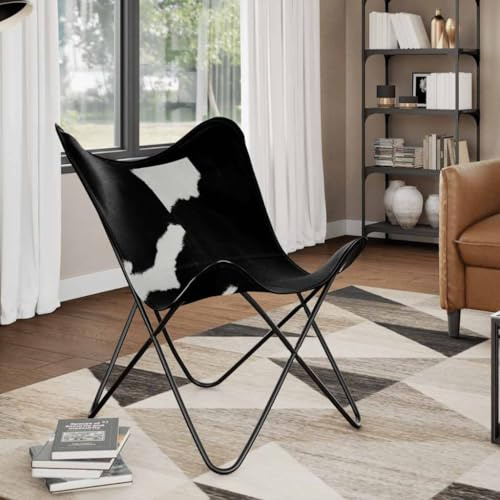 kithwjll Fauteuil papillon noir et blanc en véritable peau de vache - Chaise papillon vintage - Fauteuil de salon ergonomique pour salon, chambre à coucher - Fabriqué à la main - Armature en fer