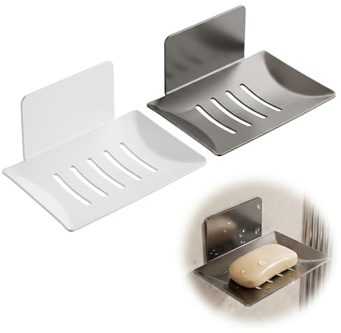 BLPRKOT 2 Piezas Jabonera Ducha Sin Taladro de Acero al Carbono, Jabonera Baño Autoadhesiva de Pared para Ducha, Cocina y Balcón, Soporte para Jabón de Pastilla, 11.5x7x4cm, Blanco y Gris