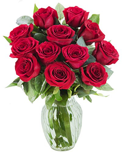 KaBloom - The Romantic Classic Bouquet of 12 Fresh Red Roses (Farm-Fresh, Long-Stem) with Vase - Fresh Flowers for Birthday, Valentine's & Mother's Day