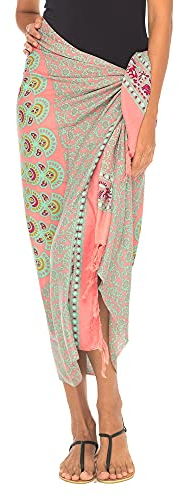 SHU-SHI - Damen Sarong für den Strand - zum Tragen über Badeanzügen & Bikinis - Mandala-Pfauenmuster - Einheitsgröße - Koralle/Mintgrün