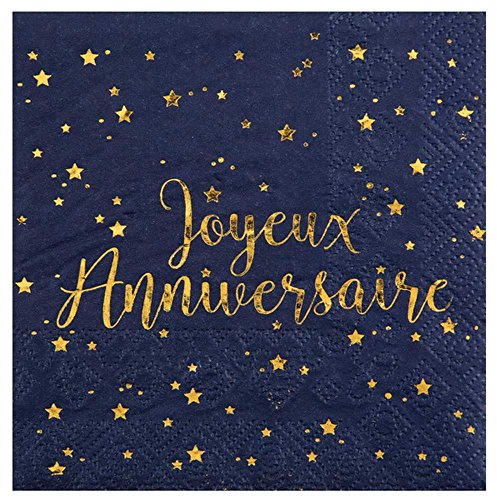 Chal - 20 Serviettes Bleu Marine et Or Joyeux Anniversaire