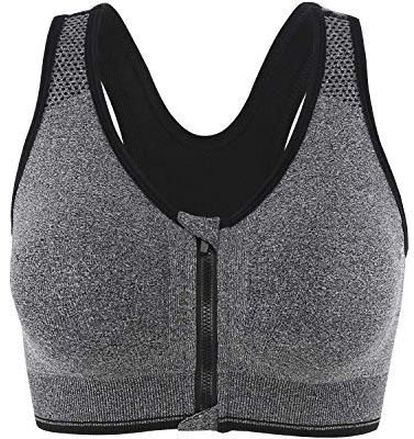 CLOUSPO Sports Bra Post Surgery Bra Zip Front Wireless with Removable Pads Yoga Bra for Workout Fitness(L,Grey)