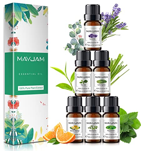 MAYJAM Ätherische Öle Set 6 x 10ml, Rein Naturrein Ätherisches Öl Eukalyptusöl, Lavendel, Süße Orange, Teebaum, Zitronengras, Pfefferminz, Duftöle Set für Diffuser Aromatherapie Geschenkset