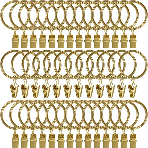 Amzseven Lot de 40 Anneaux de Rideaux en métal avec Clips, Clips de draperie, Crochets décoratifs pour Tringle à Rideau avec œillets de 3,8 cm de diamètre intérieur, antirouille plaqué Or