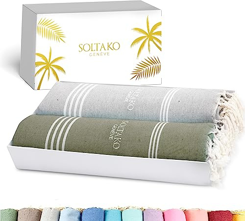 SOLTAKO Fouta Peshtemal - Set de 2 XXL - Serviette Plage Anti Sable - Drap de Bain pour Hammam, Sauna, Yoga, Pique-Nique - Grande Taille 100x200 cm - Drap 2 Personnes