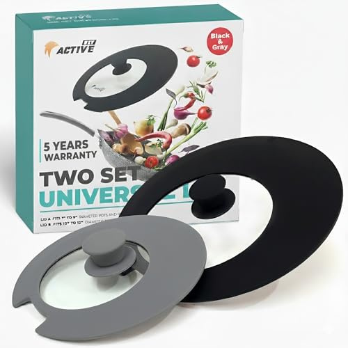 2-Pack Universal Silicone Lids for Pots and Pans - Replacement Pan Covers Fit 7-12 Inch Frying Pans and Pots, Black & Gray