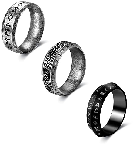 Dochais Wikinger Ringe Herren - 3 Stück Edelstahl, Nordische Mythologie, Keltischer Knoten, Viking Runen, Vintage, Bandring für Männer Frauen Größe 12