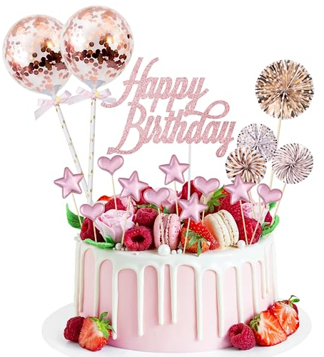 17 Piezas de Decoración para Tartas de Cumpleaños Con Purpurina, Happy Birthday, Color Oro Rosa