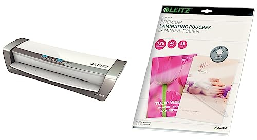 Leitz A3 Laminiergerät Office Pro, Für 80 bis 175 mic Laminierfolien, Weiß/Silber, iLAM, 75180084 & Heißlaminierfolien A4 125 mic, Laminierfolien in Premium-Qualität im 100er Pack, Glänzend