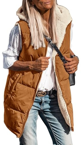 PRETTYGARDEN Womens 2025 Fall Reversible Long Vests Sleeveless Fleece Jacket Zip Up Hoodie Pockets Warm Coat Winter Clothing (Brown,Medium)