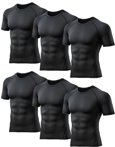 TELALEO 6 Pack Men's Compression Shirt Short Sleeve Athletic Baselayer Sports T Shirts Workout Tops for Men Black XXL